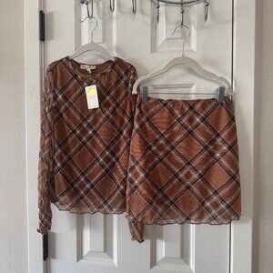 Crown of Hearts Girls Brown Plaid Blouse and Skirt Size S Small New with Tags